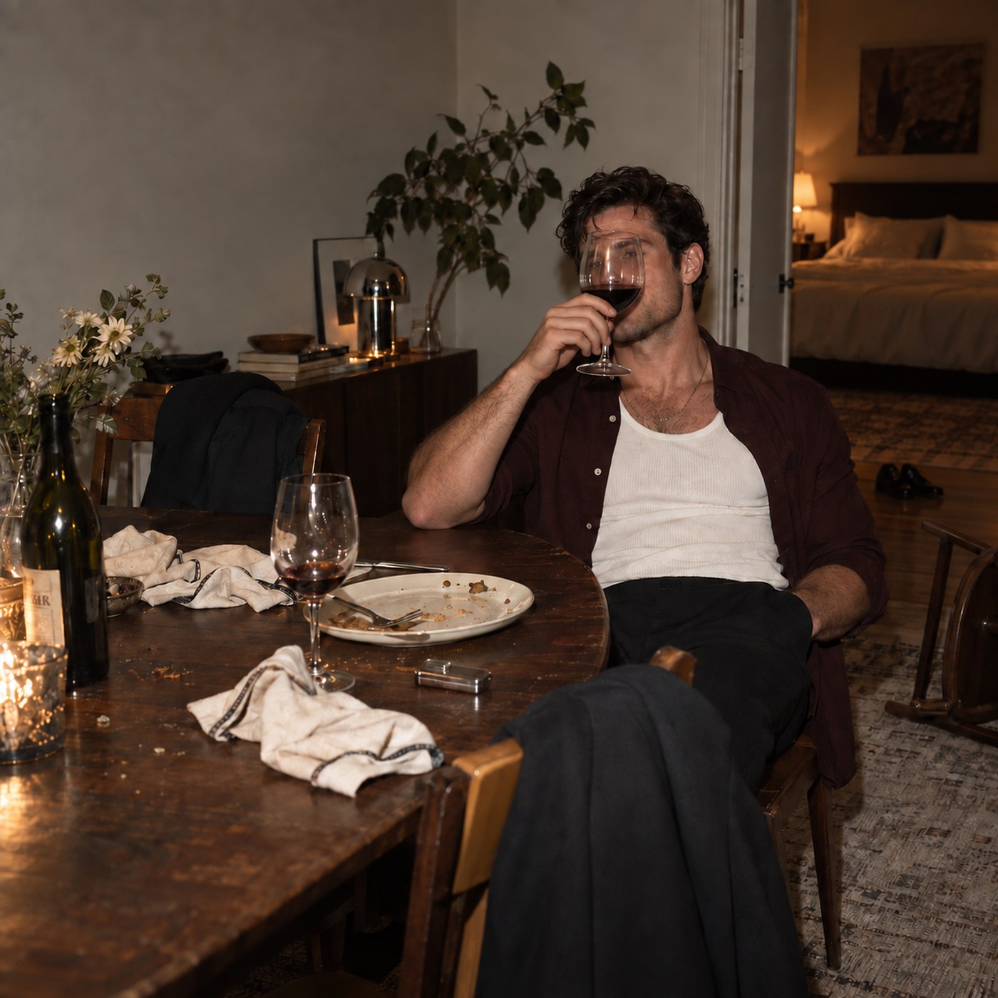 Album cover: Jude Bellamy at a cleared dinner table, a glass of red wine raised over his face, the bedroom visible through the doorway behind him