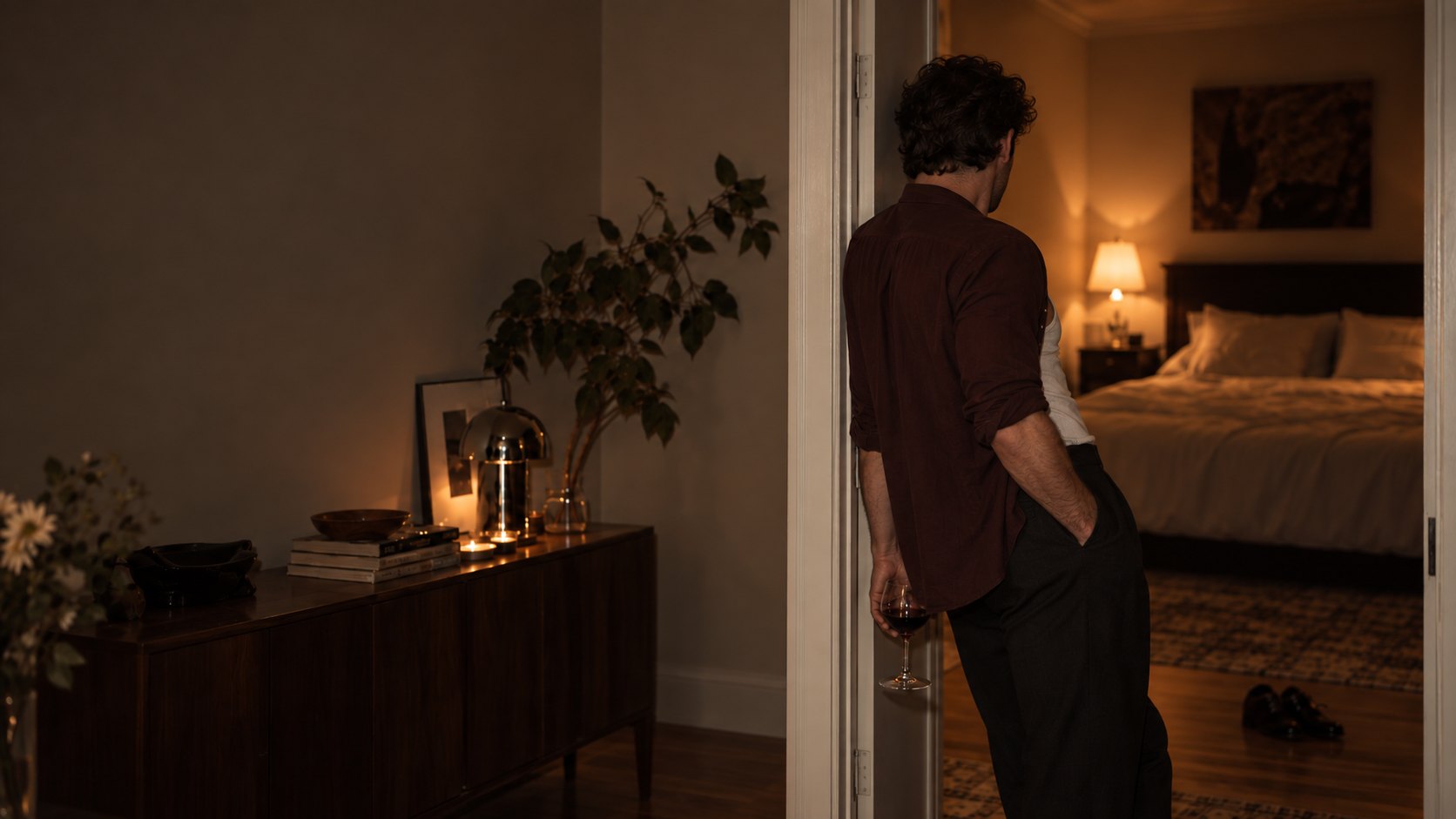 Jude Bellamy, back to the camera, leaning in a bedroom doorway with a glass of wine held low at his side